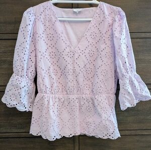 Ecru Lilac Eyelet Peplum Blouse